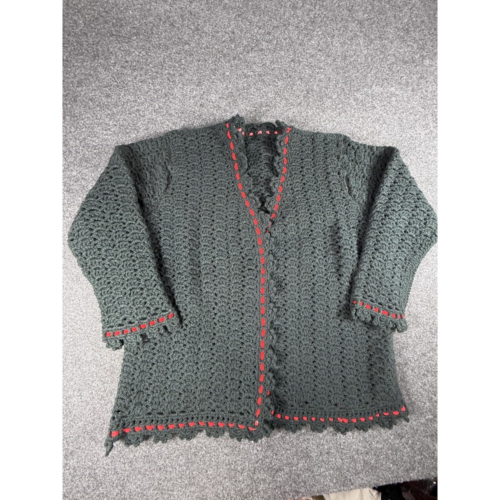 Vintage Handmade Grandma Sweater Womens‎ Large Navy Blue Open Cardigan Red Trim
